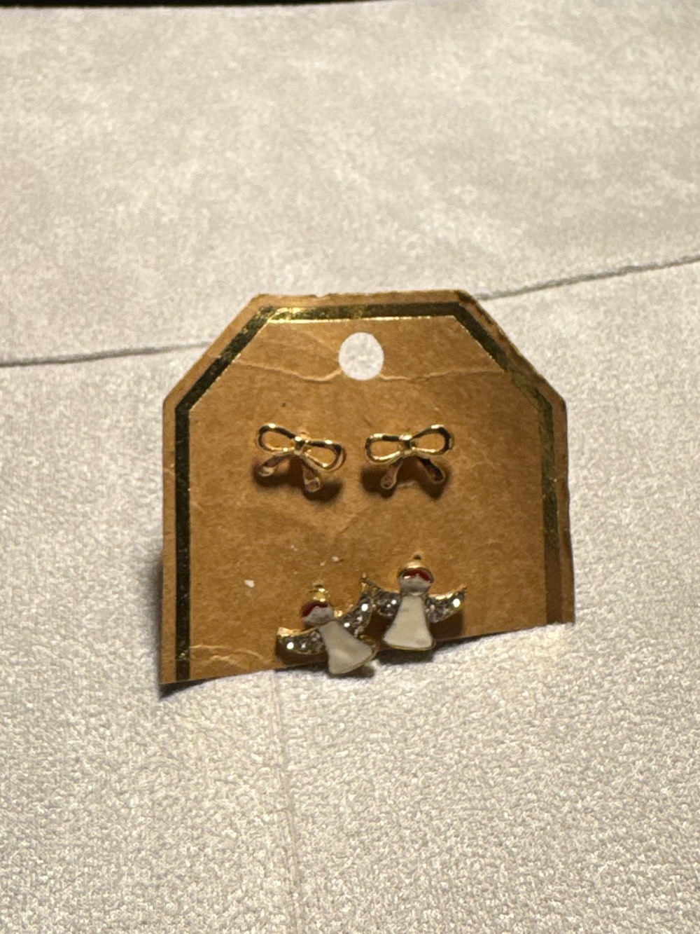 Gold Bow and White Angel Stud Earring Set